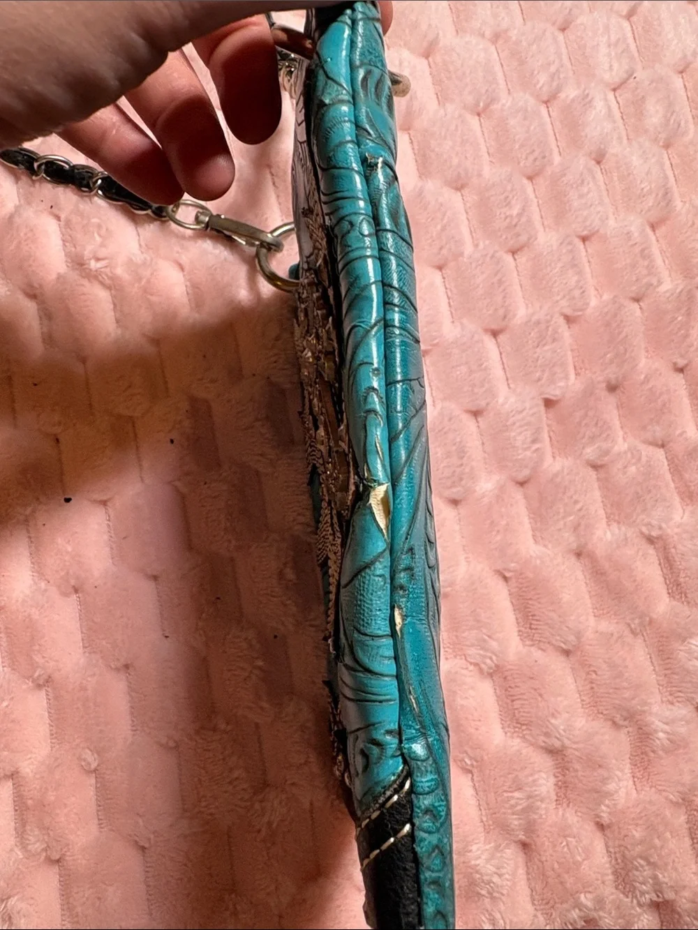 Y2K Western Turquoise Cross Tooled Leather Bag w/ Chain
